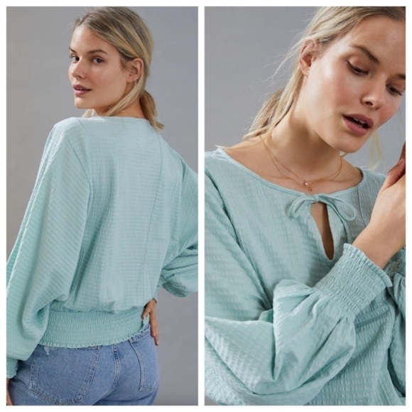Anthropologie Rebecca Smocked Puff Sleeve Textured Peasant Blouse Light Green S - Picture 8 of 8